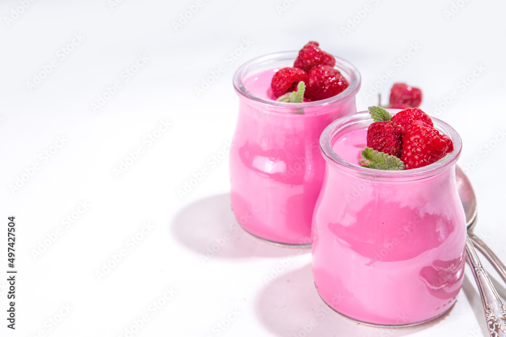 Raspberry panna cotta dessert with fresh raspberries and lemon balm mint leaves. Pink panna cotta in small portion jars on a white background Raspberry panna cotta dessert with fresh raspberries and lemon balm mint leaves. Pink panna cotta in small portion jars on a white background