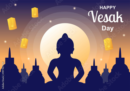 Vesak Day Celebration with Temple Silhouette, Lotus Flower Decoration, Lantern or Buddha Person in Flat Cartoon Background Illustration for Greeting Card