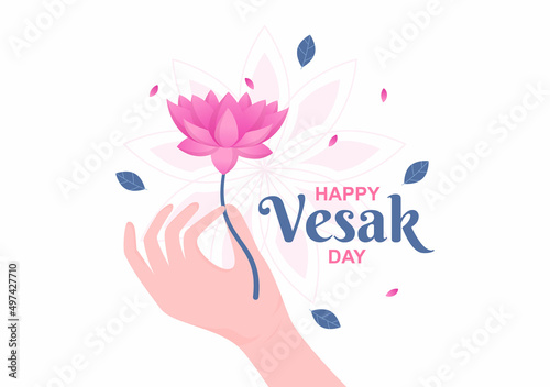 Vesak Day Celebration with Temple Silhouette, Lantern or Lotus Flower Decoration in Flat Cartoon Background Illustration for Greeting Card or Poster