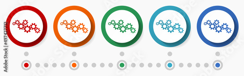 Work, technology concept vector icon set, infographic template, flat design colorful web buttons in 5 color options