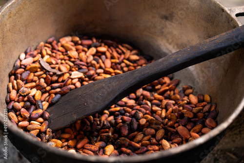  Brown roasted cocoa beans. Background, the process of making cocoa photo