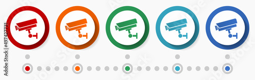 Cctv, security concept vector icon set, infographic template, flat design colorful web buttons in 5 color options
