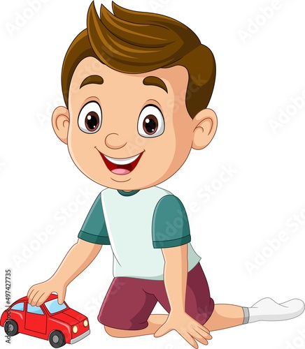 Cartoon little boy playing toy car