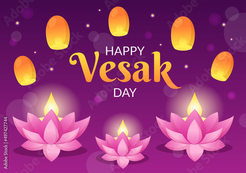 Vesak Day Celebration with Temple Silhouette, Lantern or Lotus Flower Decoration in Flat Cartoon Background Illustration for Greeting Card or Poster