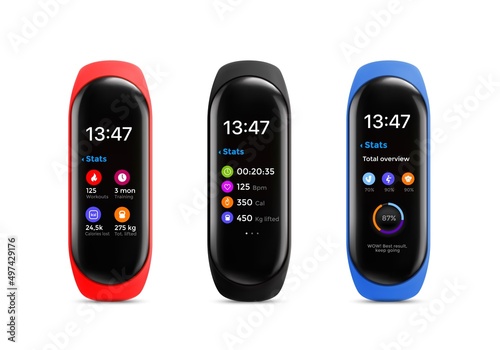 Fitness tracker or smart watch, display screen interface. Vector bracelets, smartwatch gadget mockup for monitoring health parameters as heartbeat, calories, steps and time. Modern electronic device