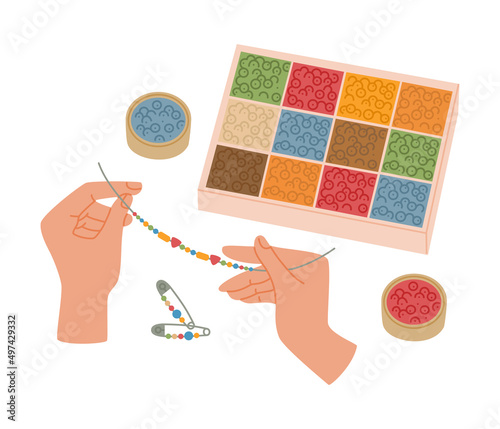 Top view of the beading process, art workshop educational courses for kids. Colorful vector illustration isolated on white background. Hand drawn in modern flat cartoon style.