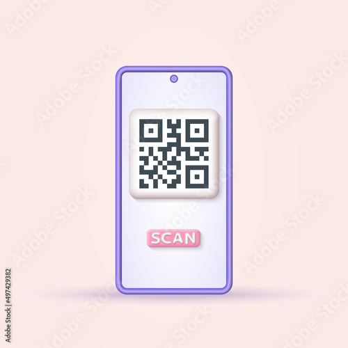 Qr code on the smartphone screen. Qr scan 3d icon. Payment with mobile phone concept. Vector illustration.