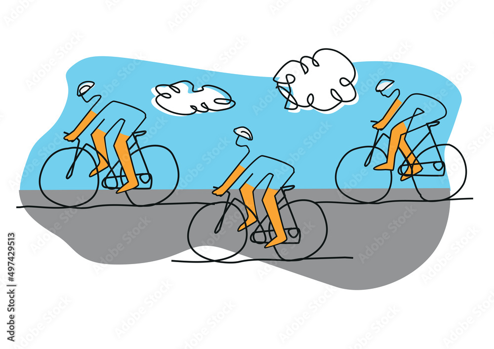 Naklejka premiumCycling race, line art stylized cartoon. Illustration of group of cyclists on a road. Continuous Line Drawing. Vector available.