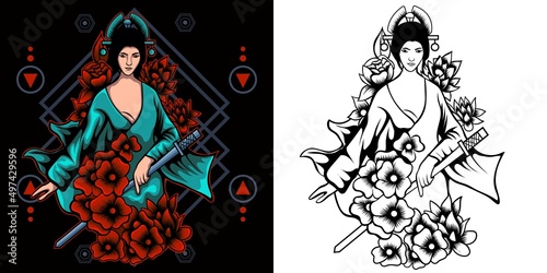 geisha holding katana with roses around