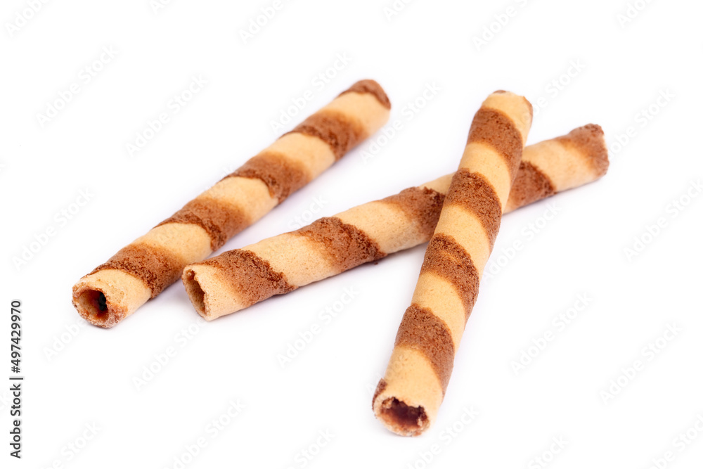 Chocolate wafer stick roll isolated on white background Chocolate wafer stick roll isolated on white background
