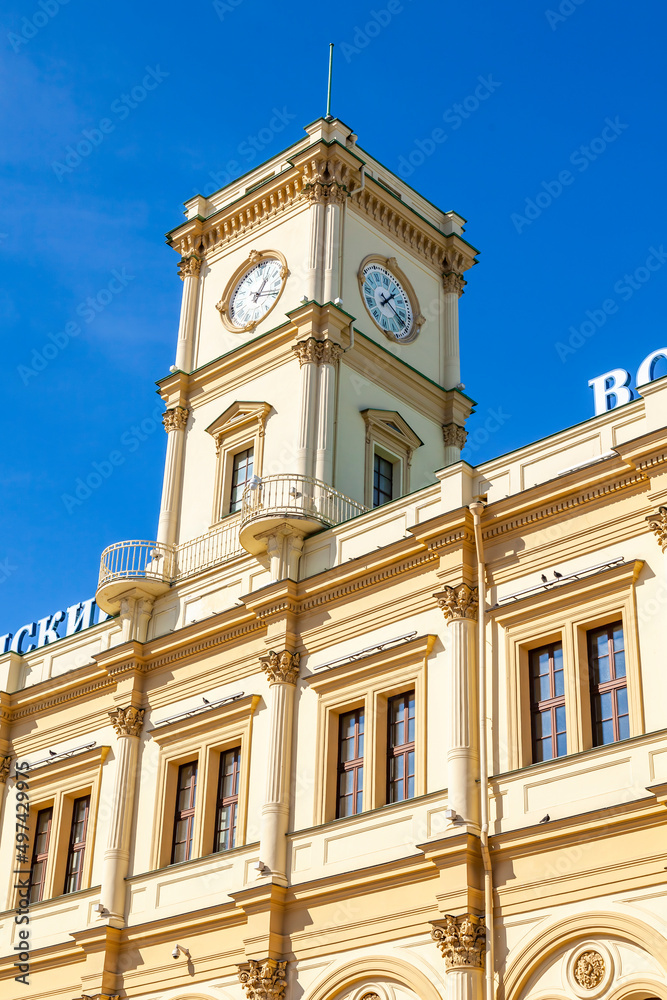 Moscow, Russia, April 6, 2022.  Leningrad station, fragment of facade