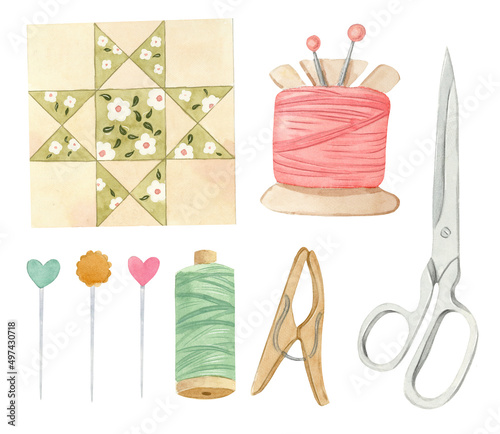 Hand painted watercolor illustration - quilting accessories. photo