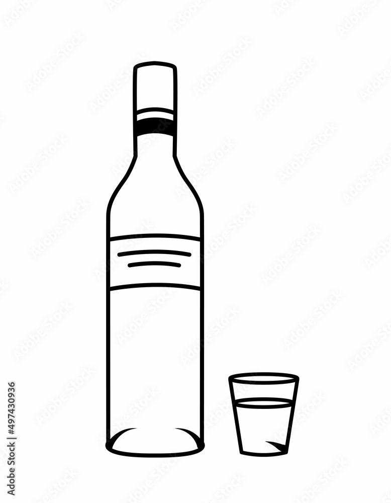 A bottle of vodka and a glass isolated on a white background. Alcoholic drink. Design elements for pubs, menus, restaurants, alcohol advertising. Vector illustration in doodle style A bottle of vodka and a glass isolated on a white background. Alcoholic drink. Design elements for pubs, menus, restaurants, alcohol advertising. Vector illustration in doodle style