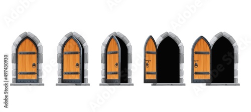 Cartoon castle open gate or door, vector motion animation of medieval palace entrance. Castle or house wooden arch gates to animate for opening and closing, old stone doorway or wood gateway