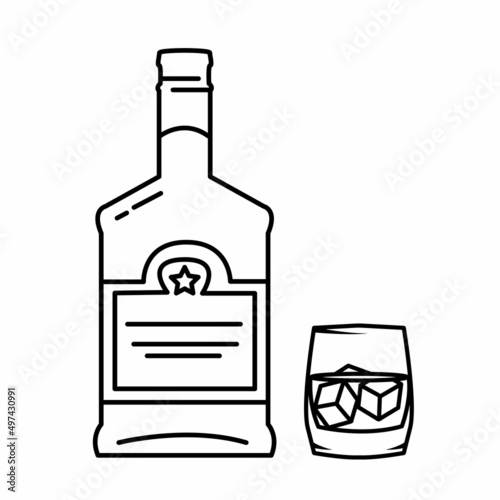Hand drawn bottle of scotch whiskey with a glass. Hand drawing whiskey set used for advertising beverage in restaurant or pub menu, for logo design. Vector beverage illustration, ink sketch