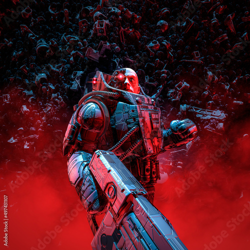 Deep in the core - 3D illustration of science fiction military robot warrior exploring underground alien cavern