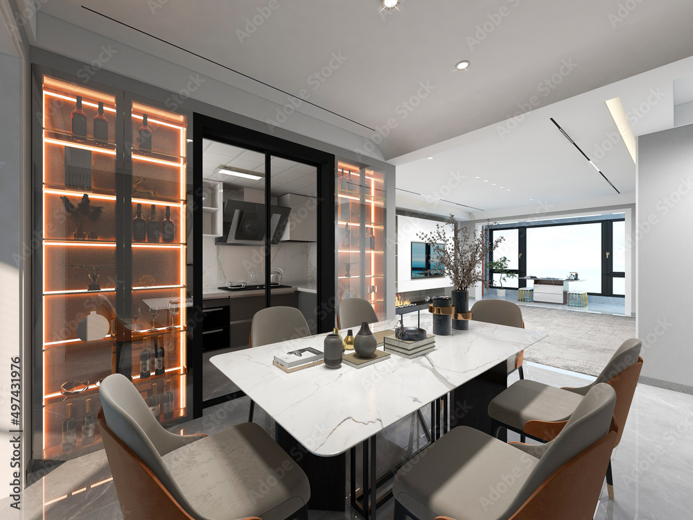 3D rendering, spacious dining room design next to the modern kitchen, with a beautiful dining table and greenery 3D rendering, spacious dining room design next to the modern kitchen, with a beautiful dining table and greenery