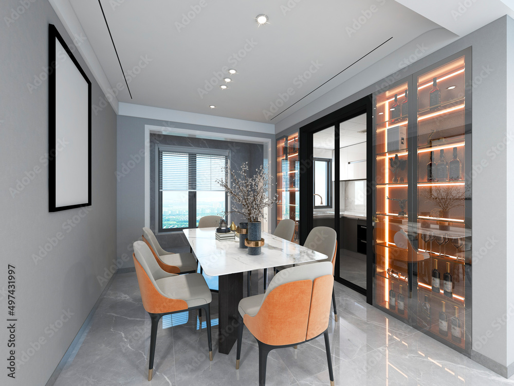 Fototapeta premium 3D rendering, spacious dining room design next to the modern kitchen, with a beautiful dining table and greenery