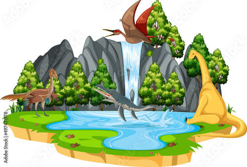 Canvas Print Scene with many dinosaurs in forest