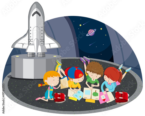 Astronomy theme with kids and spaceship
