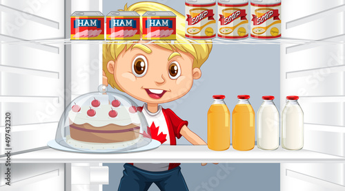 Boy looking at food in fridge