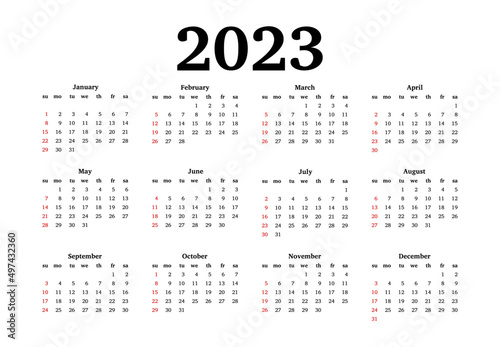 Calendar for 2023 isolated on a white background