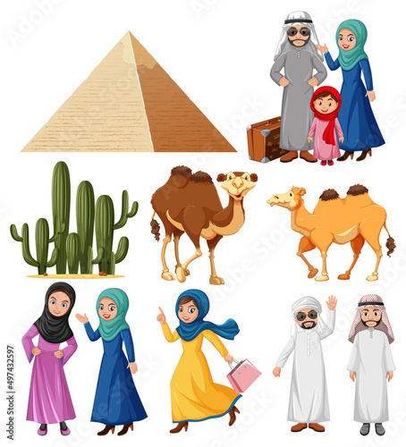 Arabic people with camel and cactus plants