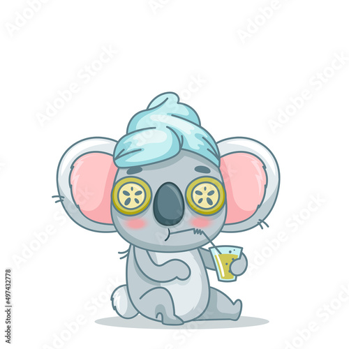 Koala makes spa treatments. He sits with cucumbers on his eyes  a towel on his head and silderea smoothies in his hands. Vector illustration for designs  prints  patterns. Isolated on white background