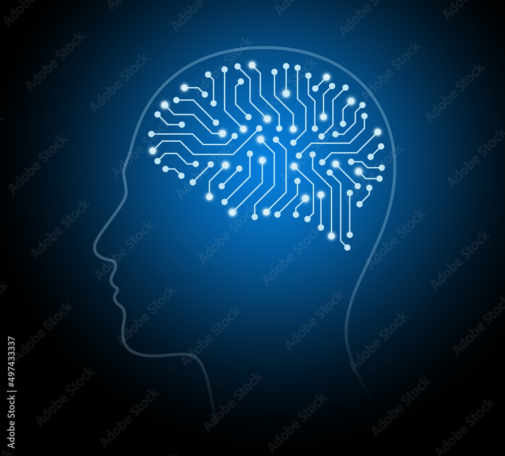 circuit board in the Cyborg head, Artificial intelligence of digital human.