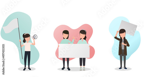 Isolated collection set of protester. Protester holding protest signs, banner, flag and megaphones. Vector illustration Eps10.