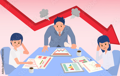 The supervisor was angry with his subordinate because he did not work as intended, causing the stock to fall. The subordinate was scolded by the head. Vector illustration Eps10.