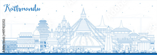 Outline Kathmandu Nepal City Skyline with Blue Buildings.