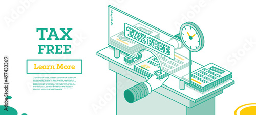 Tax Free Desk. Hand Gives Documents to Get Own Money. Tax Return Outline Concept.