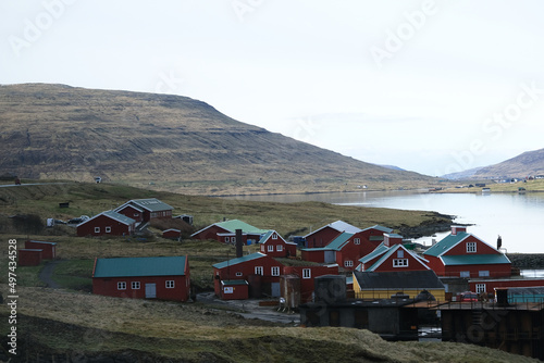 Beautiful breathtaking landscape nature scenery panoramic view of fjords, coast, mountains and villages on adventure natural Reserve Faroe Islands in Atlantic Ocean photo