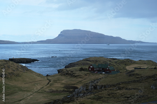 Beautiful breathtaking landscape nature scenery panoramic view of fjords, coast, mountains and villages on adventure natural Reserve Faroe Islands in Atlantic Ocean photo