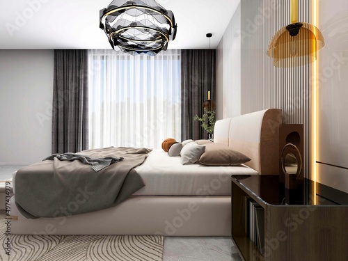 3D rendering  The elegant and spacious bedroom design of the modern apartment has a coat cabinet beside the big bed