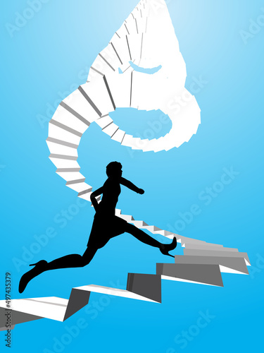 空高くどこまでも続いている螺旋階段を駆け上がるスーツ姿の女性シルエット