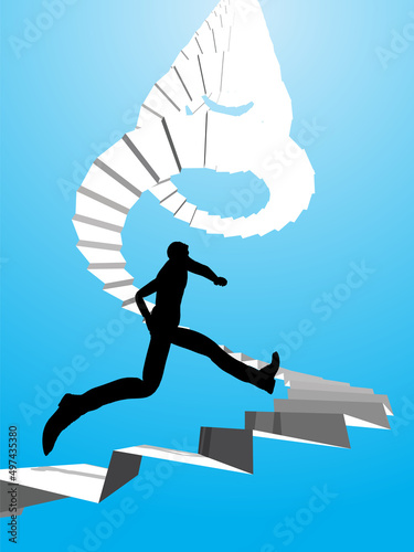 空高くどこまでも続いている螺旋階段を駆け上がるスーツ姿の男性シルエット