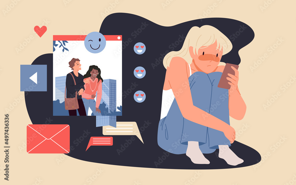 Sad girl looking at real fun life of friends on screen of mobile phone. Depression, stress and loneliness of female character flat vector illustration. Pressure of social media, problem concept