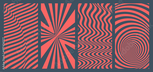 Black and red dynamic surface with effect of optical illusion. Wavy background of lines. Striped pattern. Abstract inside the tunnel. 3d vector illustration.
