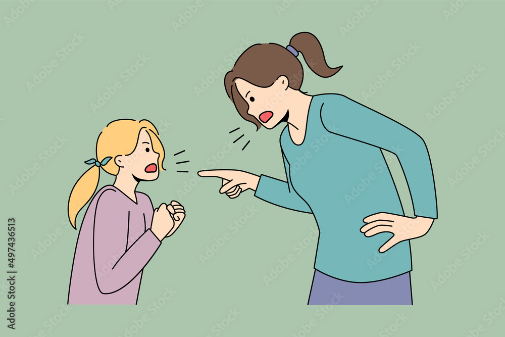 Angry authoritarian mom and naughty small daughter scream fight. Mad mother lecture scold ill-behaved girl child, shouting and yelling. Domestic violence concept. Vector illustration. Angry authoritarian mom and naughty small daughter scream fight. Mad mother lecture scold ill-behaved girl child, shouting and yelling. Domestic violence concept. Vector illustration.