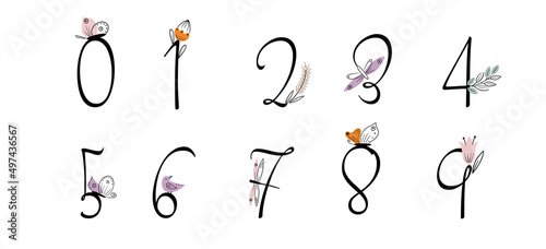 Vector set of baby calendar numerals numbers with cute little bunny duck walk, smile, sit isolated on white background. Hand drawn style.