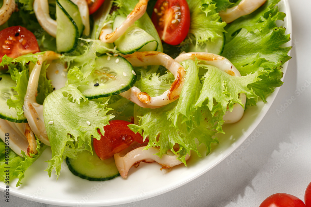 Grilled squid rings or calamari on green salad leaves, with tomatoes, cucumber on white plate. Close up Grilled squid rings or calamari on green salad leaves, with tomatoes, cucumber on white plate. Close up