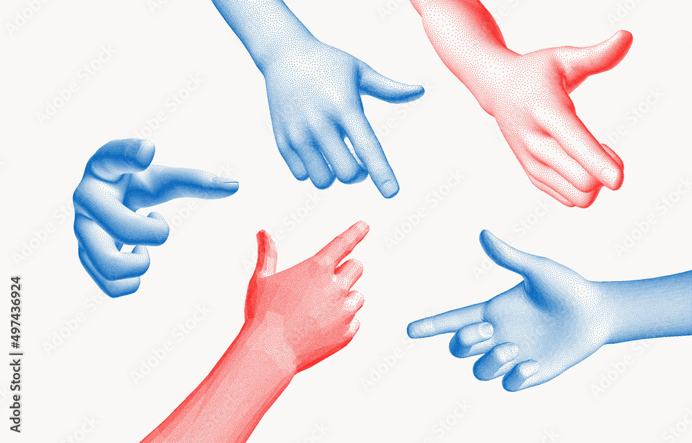 Set of hands showing different gestures. 3D vector design elements for web or presentation.