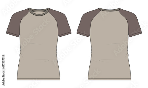 Two tone Khaki color Slim fit Short  Sleeve raglan T shirt Technical Fashion flat sketch Vector Illustration template Front and back views isolated on white background.
