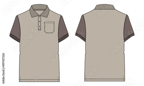 Two tone Khaki Color Short sleeve polo shirt Technical fashion flat sketch vector illustration template Front and back views. Apparel Design Mock up. Easy edit and customizable