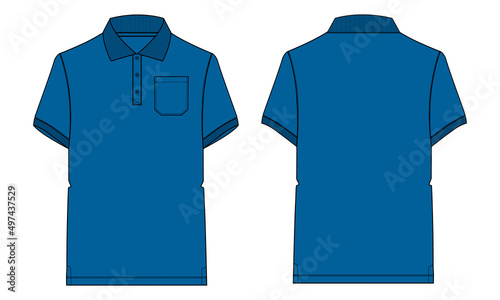 Short sleeve polo shirt Technical fashion flat sketch vector illustration Blue Color  template Front and back views. Apparel Design Mock up. Easy edit and customizable