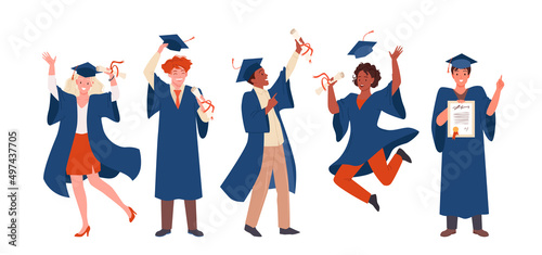 Set of graduate happy excited students. School graduation ceremony, academic cap and robe, high university diploma degree, bachelor studies gaining cartoon vector illustration