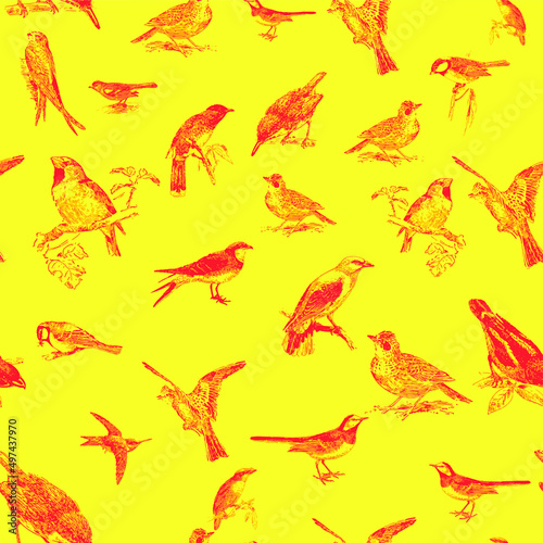 Seamless pattern with floral romantic elements, for your design. Endless texture, sketch humming-birds, watercolor flowers, isolated Vector illustration.
