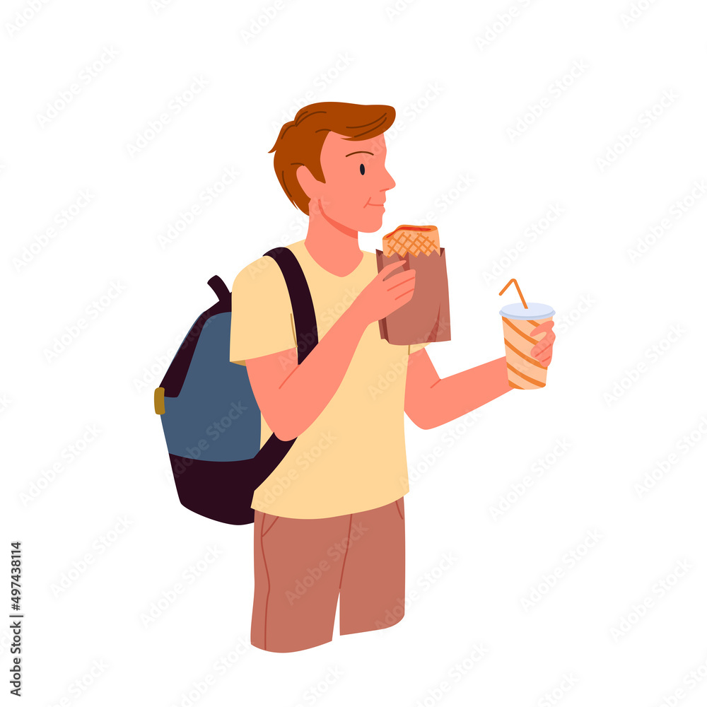 Young man eats takeaway street food. Hungry student having lunch break, fast food people consumption, cafeteria meal eating, drinking coke and eating time cartoon vector illustration Young man eats takeaway street food. Hungry student having lunch break, fast food people consumption, cafeteria meal eating, drinking coke and eating time cartoon vector illustration